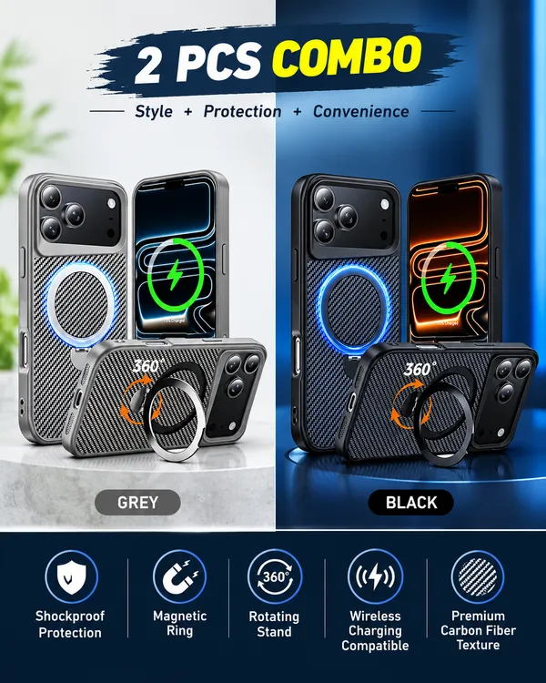 Iphone_Carbon_Black_And_Grey_Shockproof_Magnetic_Ring_Case_Combo_Set