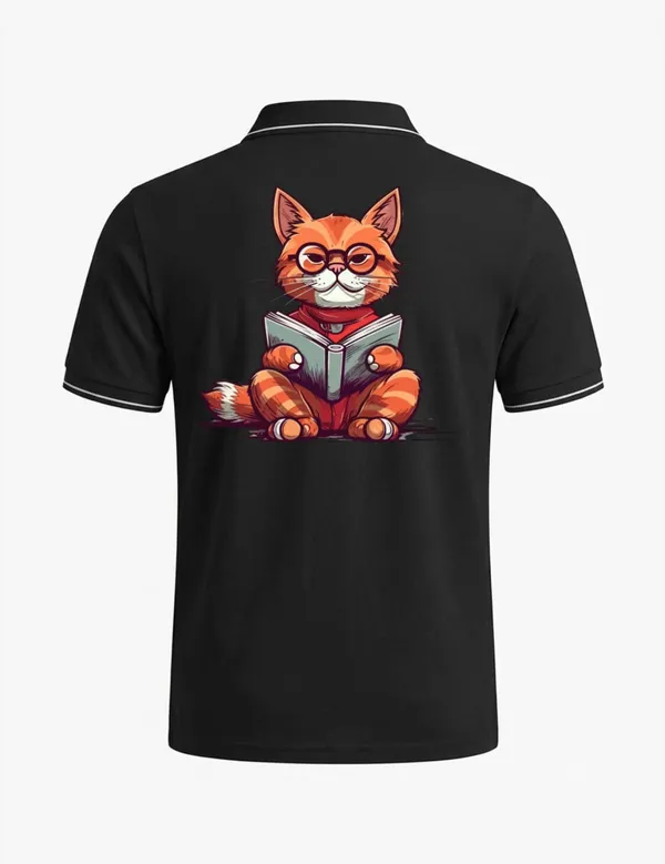 Black_Cotton-Polyester_Cat_Reading_Graphic_Polo_T-Shirt_For_Unisex