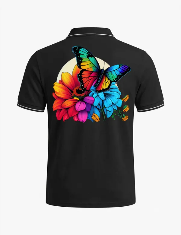 Black_Cotton_Blend_Butterfly_Floral_Print_Polo_T-Shirt_For_Unisex