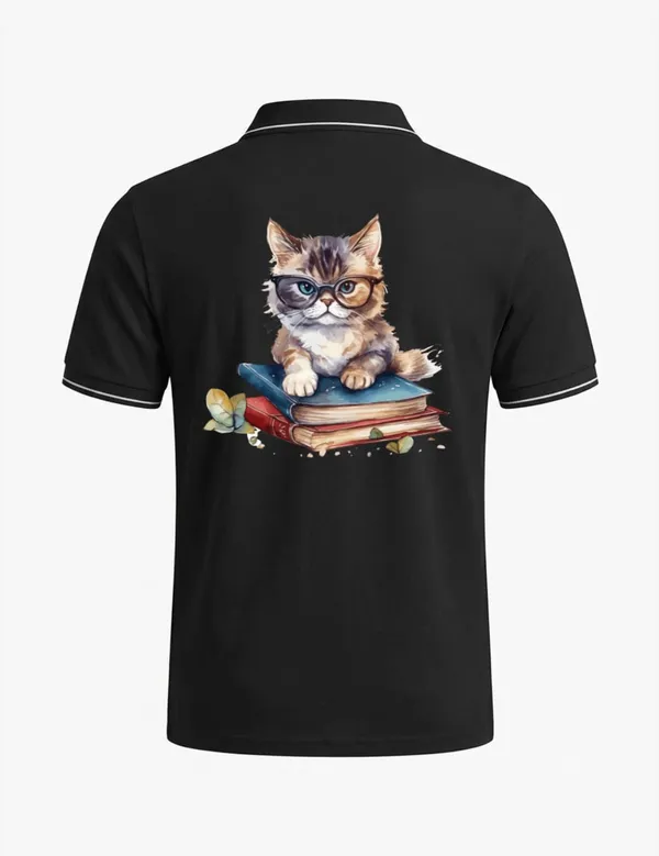 Black_Cotton_Blend_Regular_Fit_Cat_Book_Graphic_Polo_T-Shirt_For_Unisex
