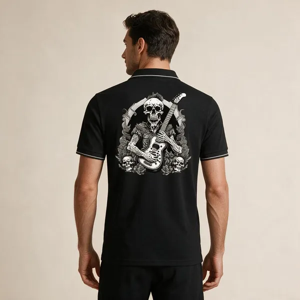 Black_Cotton-Polyester_Skull_Guitarist_Graphic_Polo_T-Shirt_For_Unisex