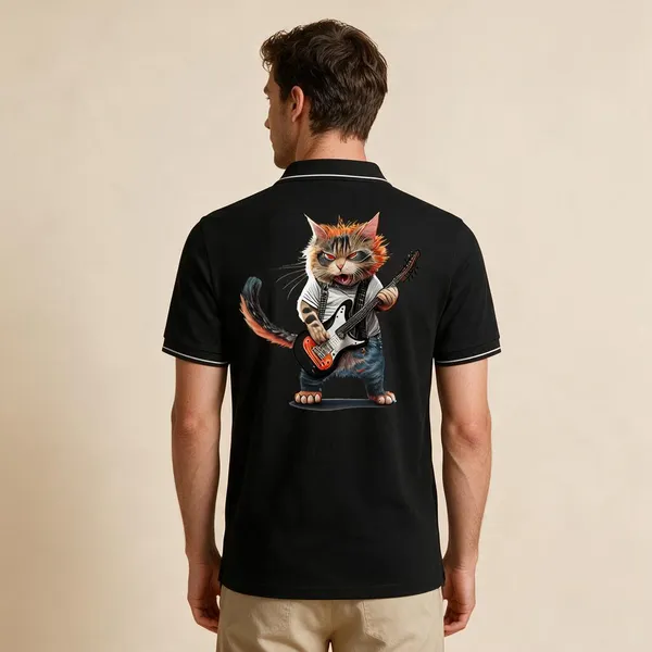 Black_Cotton-Polyester_Cat_Guitarist_Graphic_Polo_T-Shirt_For_Unisex
