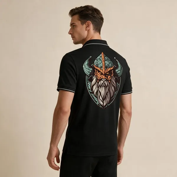 Black_Cotton-Polyester_Viking_Warrior_Graphic_Polo_T-Shirt_For_Unisex