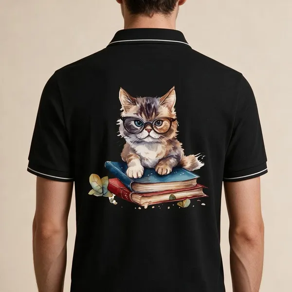 Black_Cotton-Polyester_Cat_Graphic_Polo_T-Shirt_For_Unisex