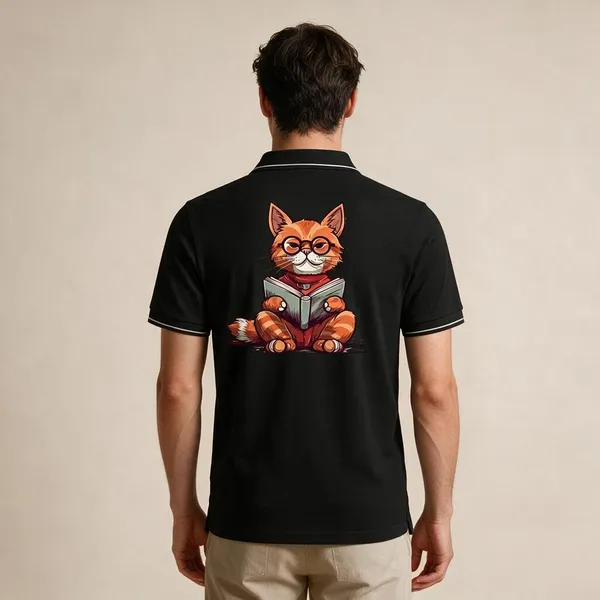Black_Cotton-Polyester_Cat_Reading_Graphic_Polo_T-Shirt_For_Unisex