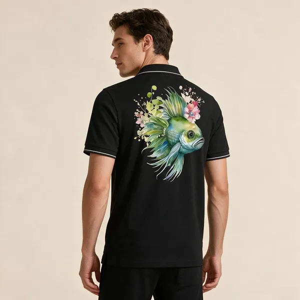 Black_Cotton_Blend_Floral_Fish_Print_Polo_T-Shirt_For_Unisex