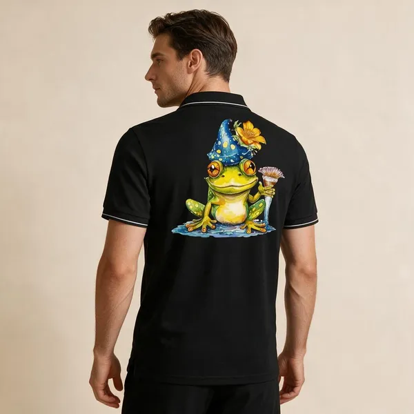 Black_Cotton_Blend_Frog_Wizard_Print_Polo_T-Shirt_For_Unisex
