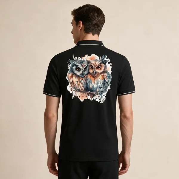 Black_Cotton_Blend_Owl_Print_Polo_T-Shirt_For_Unisex