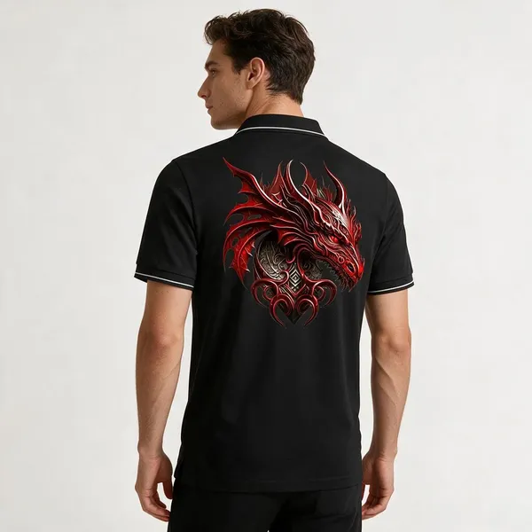 Black_Cotton_Blend_Dragon_Print_Polo_T-Shirt_For_Unisex