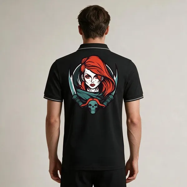 Black_Cotton_Blend_Character_Skull_Graphic_Polo_T-Shirt_For_Unisex