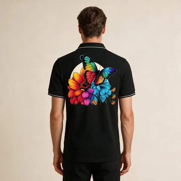 Black_Cotton_Blend_Butterfly_Floral_Print_Polo_T-Shirt_For_Unisex