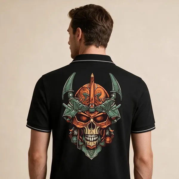 Black_Cotton_Blend_Samurai_Skull_Graphic_Polo_T-Shirt_For_Unisex