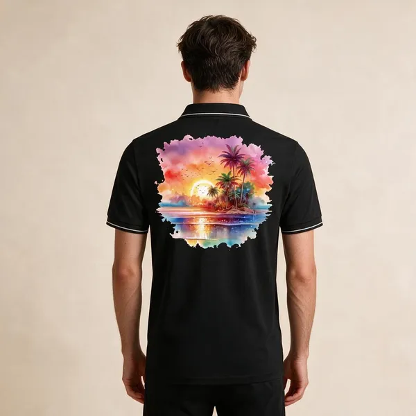Black_Cotton_Blend_Tropical_Print_Polo_T-Shirt_For_Unisex