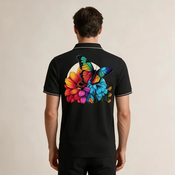 Black_Cotton_Blend_Butterfly_Floral_Print_Polo_T-Shirt_For_Unisex