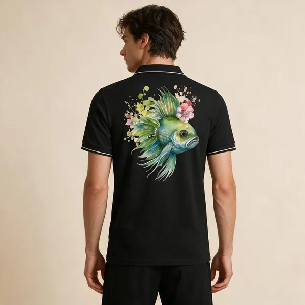 Black_Cotton_Blend_Fish_Floral_Graphic_Polo_T-Shirt_For_Unisex