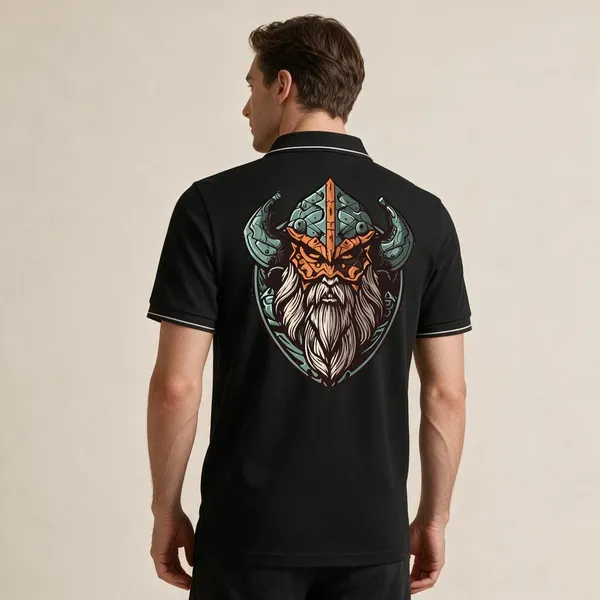 Black_Cotton_Blend_Regular_Fit_Viking_Warrior_Graphic_Polo_T-Shirt_For_Unisex