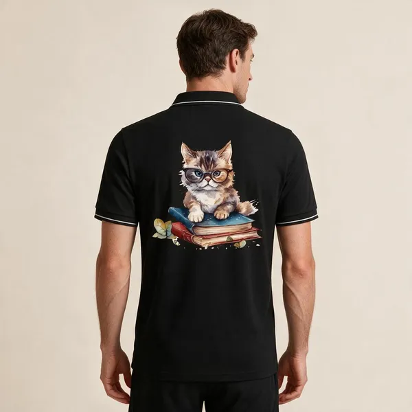 Black_Cotton_Blend_Regular_Fit_Cat_Book_Graphic_Polo_T-Shirt_For_Unisex