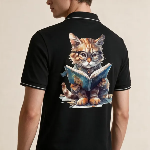 Black_Cotton_Blend_Casual_Cat_Reading_Graphic_Polo_T-Shirt_For_Unisex