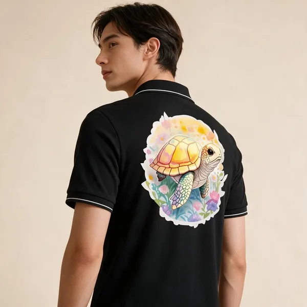 Black_Cotton_Blend_Casual_Turtle_Floral_Graphic_Polo_T-Shirt_For_Unisex