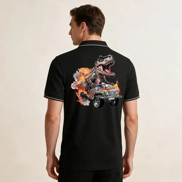 Black_Cotton_Blend_Casual_Dinosaur_Driving_Graphic_Polo_T-Shirt_For_Unisex