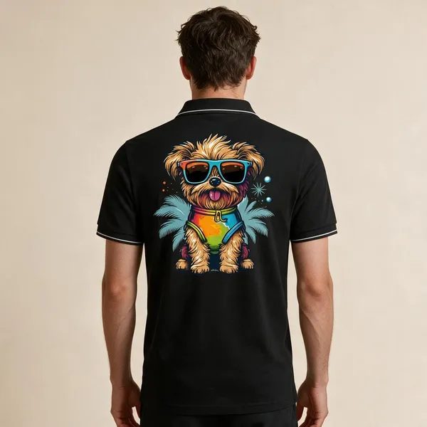 Black_Cotton_Blend_Tropical_Dog_Graphic_Polo_T-Shirt_For_Unisex