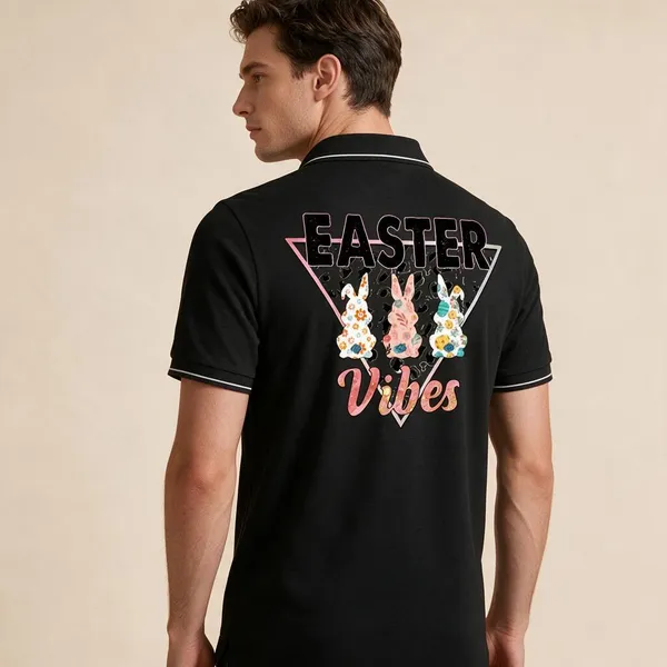 Black_Cotton_Blend_Floral_Bunny_Graphic_Polo_T-Shirt_For_Unisex