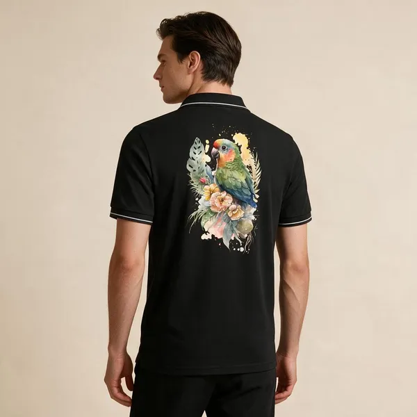 Black_Cotton_Blend_Parrot_Floral_Graphic_Polo_T-Shirt_For_Unisex