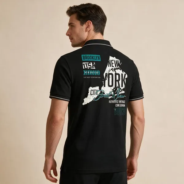 Black_Cotton_Blend_Casual_Nyc_Printed_Polo_T-Shirt_For_Unisex