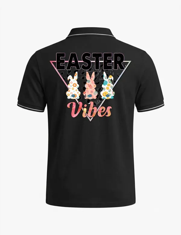 Black_Cotton_Blend_Floral_Bunny_Graphic_Polo_T-Shirt_For_Unisex