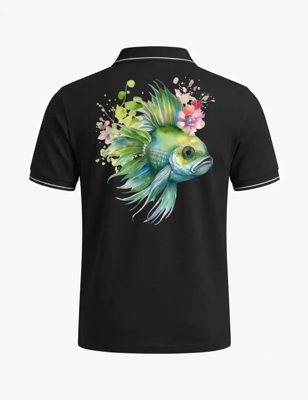 Black_Cotton_Blend_Floral_Fish_Print_Polo_T-Shirt_For_Unisex