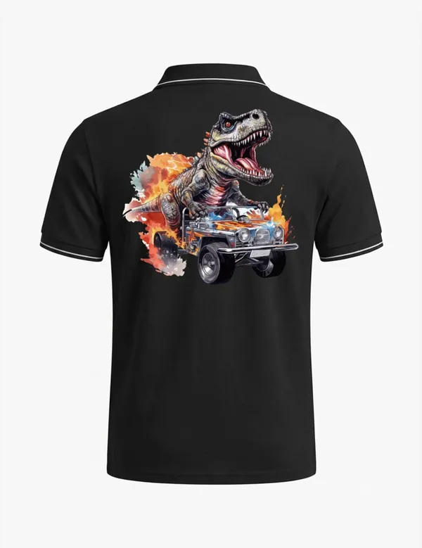 Black_Cotton_Blend_Casual_Dinosaur_Driving_Graphic_Polo_T-Shirt_For_Unisex
