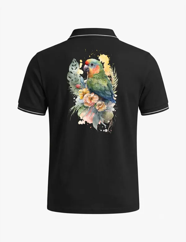 Black_Cotton_Blend_Parrot_Floral_Graphic_Polo_T-Shirt_For_Unisex