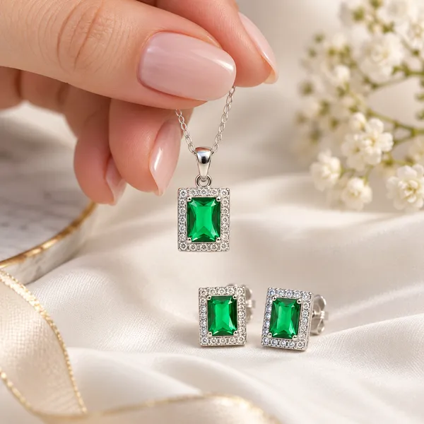 Silver_Tone_Green_Stone_Necklace_And_Earrings_Set_for_Women