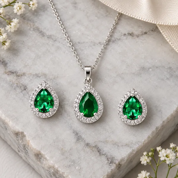 Green_Teardrop_Necklace_And_Earrings_Set_for_Women