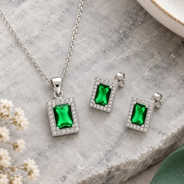 Silver_Tone_Green_Stone_Necklace_And_Earrings_Set_for_Women