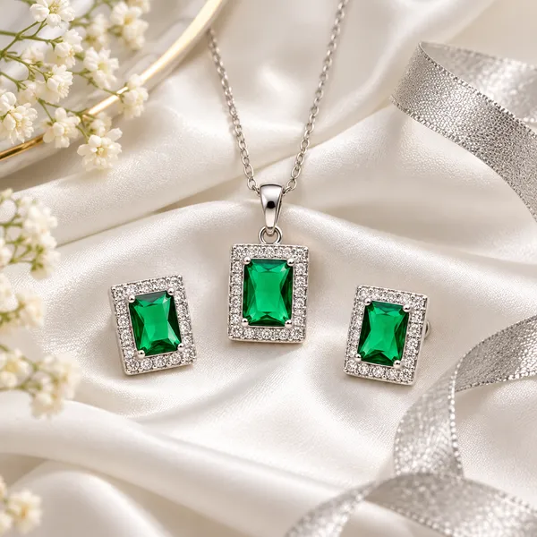 Silver_Tone_Green_Stone_Necklace_And_Earrings_Set_for_Women