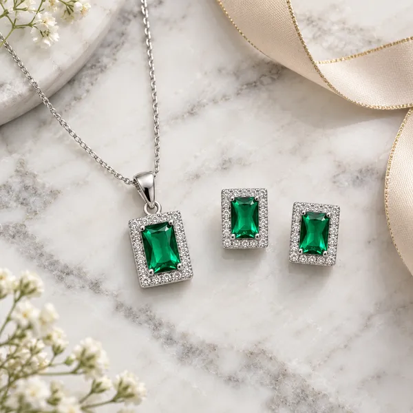 Silver_Tone_Green_Stone_Necklace_And_Earrings_Set_for_Women