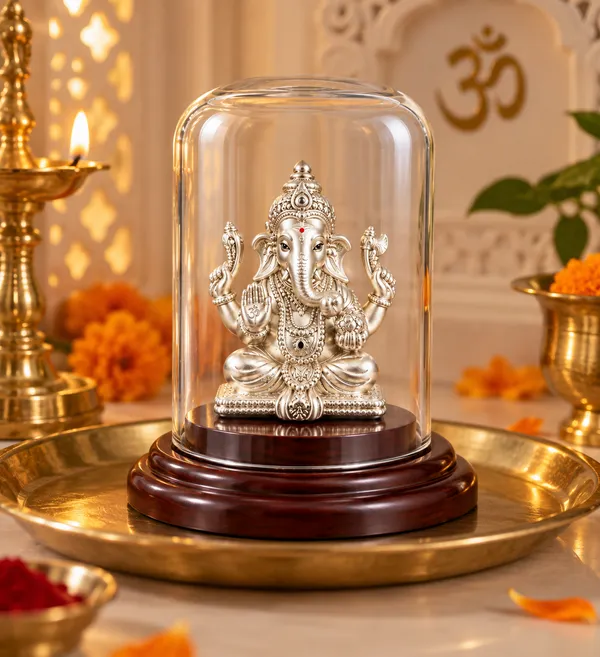 Silver_Tone_Religious_Ganesha_Idol_With_Glass_Dome