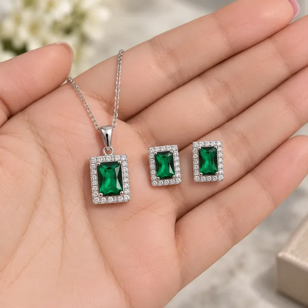 Silver_Tone_Green_Stone_Necklace_And_Earrings_Set_for_Women
