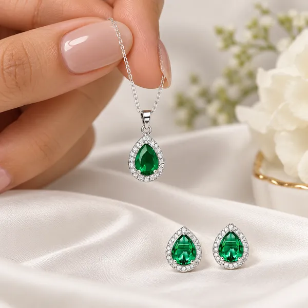 Green_Teardrop_Necklace_And_Earrings_Set_for_Women
