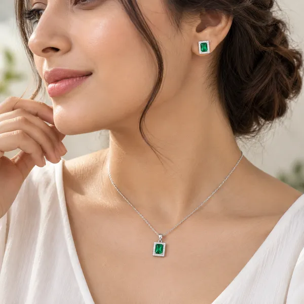 Silver_Tone_Green_Stone_Necklace_And_Earrings_Set_for_Women