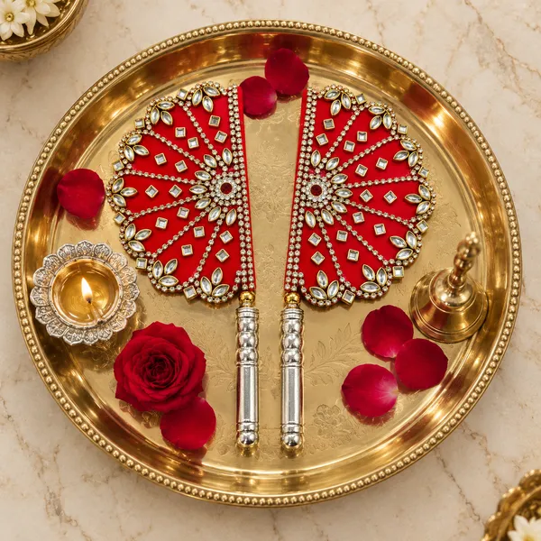 Red_Embellished_Pooja_Chawar_Hand_Fan_Set