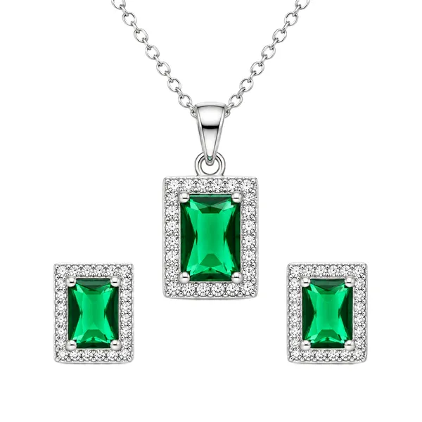 Silver_Tone_Green_Stone_Necklace_And_Earrings_Set_for_Women