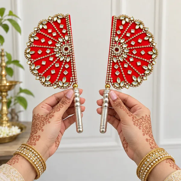 Red_Embellished_Pooja_Chawar_Hand_Fan_Set