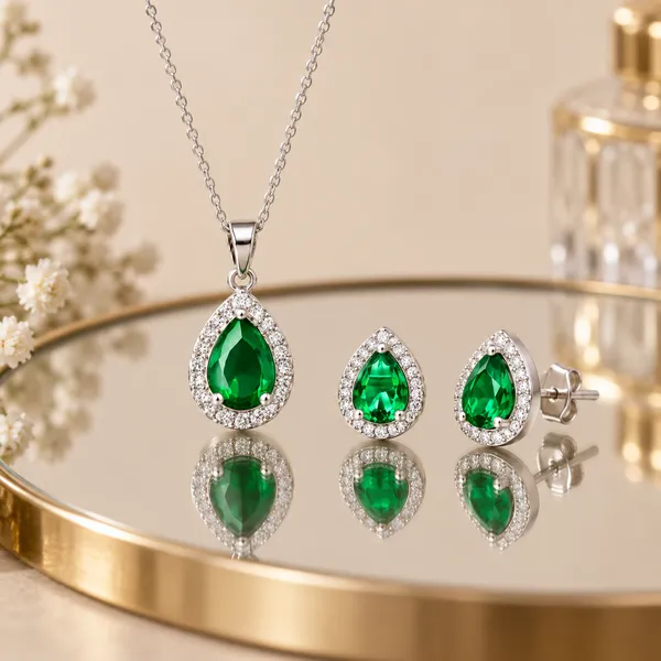 Green_Teardrop_Necklace_And_Earrings_Set_for_Women