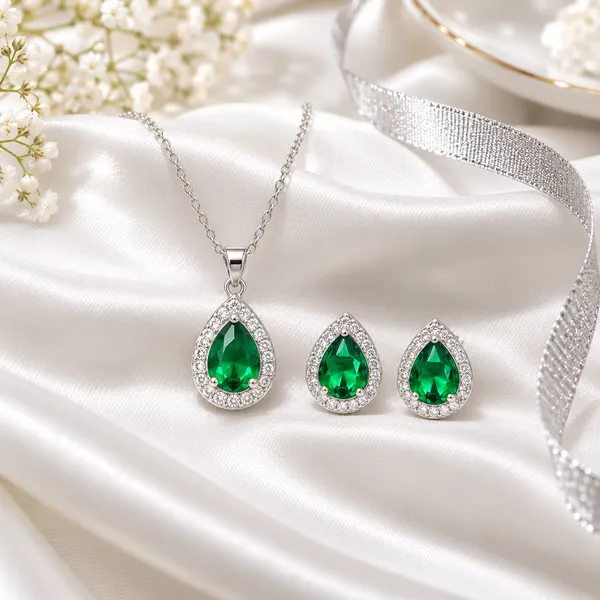 Green_Teardrop_Necklace_And_Earrings_Set_for_Women