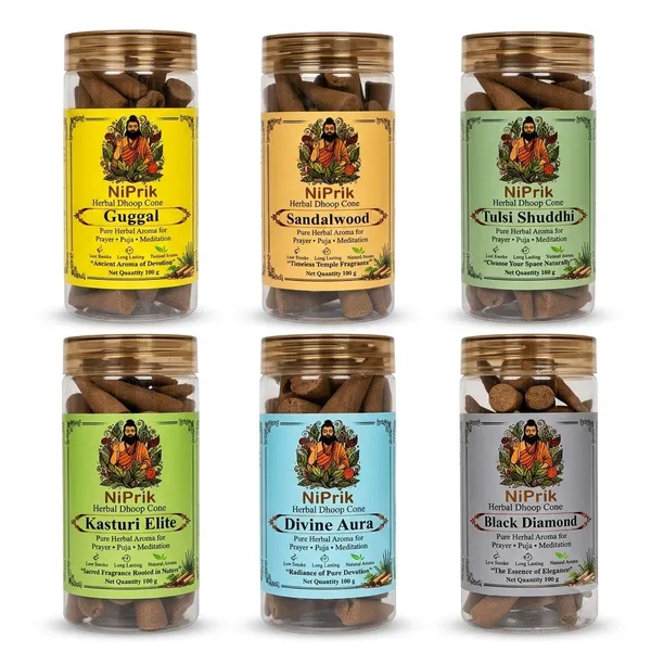 Niprik_Guggul_Sandalwood_Tulsi_Kasturi_Herbal_Dhoop_Cones_Set_Of_6