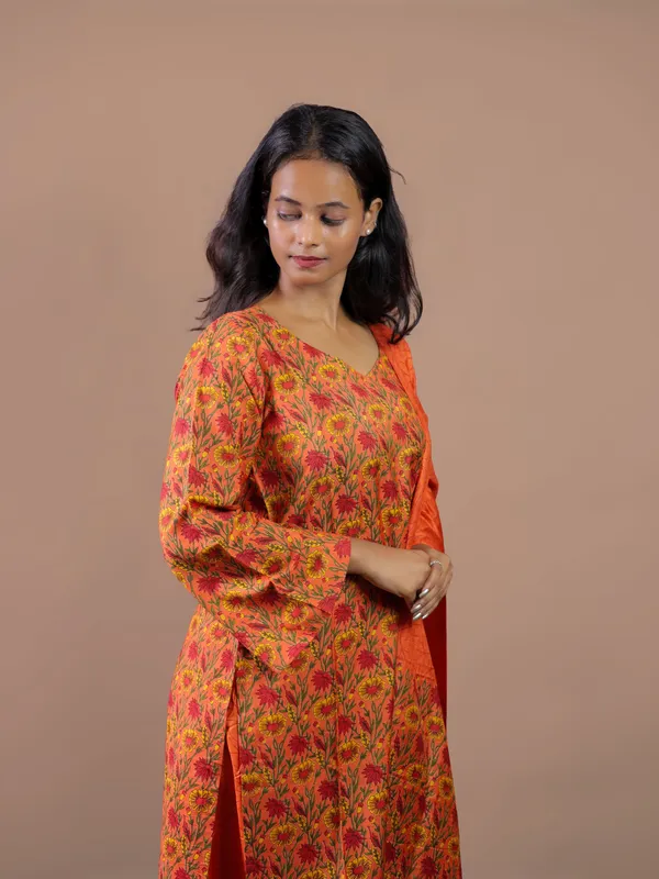 Orange_Floral_Print_Kurta_Set_for_Women