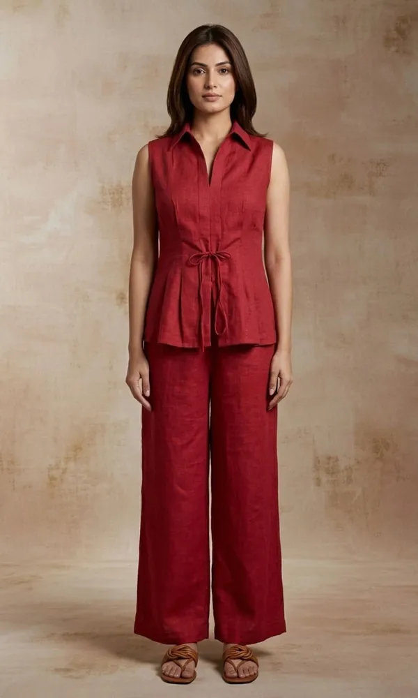 Red_Textured_Sleeveless_Peplum_Top_And_Wide_Leg_Pants_Set_For_Women