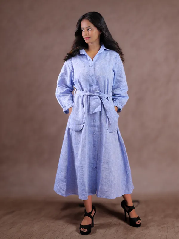 Blue_Textured_Belted_Midi_Shirt_Dress_for_Women